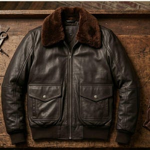 May include: A dark brown leather bomber jacket featuring a plush dark brown faux fur collar, a central metal zip, and two front flap pockets with press-stud closures. The jacket has ribbed cuffs and a ribbed hem, paired with matching leather gloves.