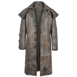 Herr läderkappa med sliten passform | Grönbrun lång trenchcoat | Handgjord vintage gotisk cosplay-kostym