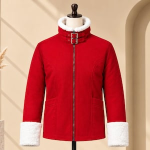Handmade Red Winter Shearling Jacket | Men's Vintage Fur Collar Moto Coat with Crossbody Strap