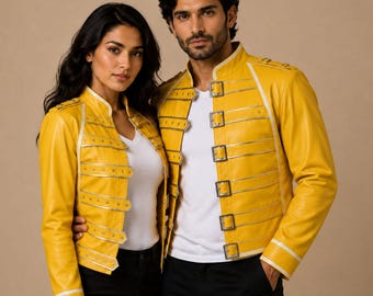 Handgefertigte Gelbe Ledersjacke mit Schnallen | Vintage 80er-Jahre Jacke mit Riemendetails für die Bühne