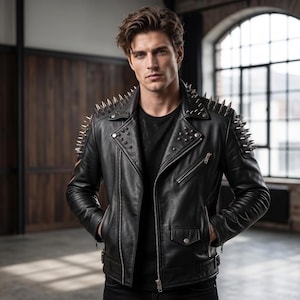 Mens Black Studded Biker Jacket | Handmade Spiked Punk Rock Motorcycle Leather Jacket