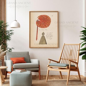 May include: A framed vintage botanical print featuring a red and yellow illustration of a plant. The print is displayed in a living room setting with a gray armchair, ottoman, and wooden chair. The room has a neutral color palette with natural light.