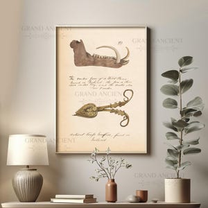 Charming Bone and Artifact Ancient Wall Art, Printable Historical Watercolour Handwritten Manuscript, Unique Living Room Home Decor, GA5210