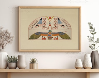 May include: A framed wall art print featuring an ancient Egyptian illustration with a central winged deity, a scarab beetle, and multiple figures in red, blue, green, and gold tones, set against a light beige background within a wooden frame.