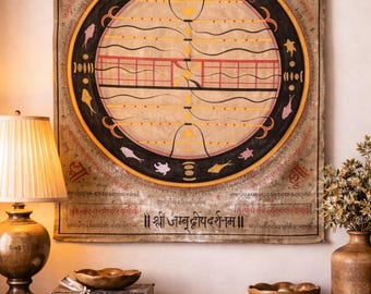 1960s Jain Cosmology Cloth Painting | Jambudvipa Diagram Art | Tantric Sanskrit Manuscript | Spiritual Wall Decor