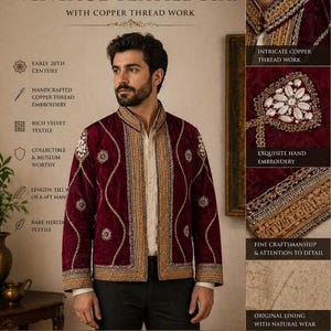 Early 20th Century Indian Silk Jacket – Hand Embroidered Copper Thread Velvet Coat