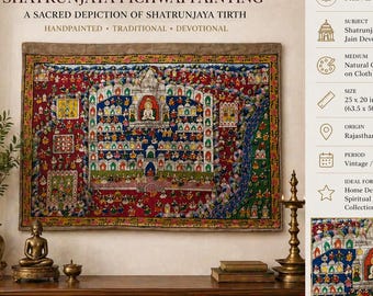 Pintura rara Jain Shatrunjaya Pichwai / Arte del templo indio vintage / Textil devocional Tirthankara