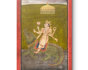 1950s Lord Varuna on Makara Indian Miniature Painting Natural Stone Colors on Handmade Paper