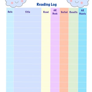 May include: A reading log printable with a rainbow and clouds at the top. The log has columns for date, title, read, AR book, tested, results, and AR points.