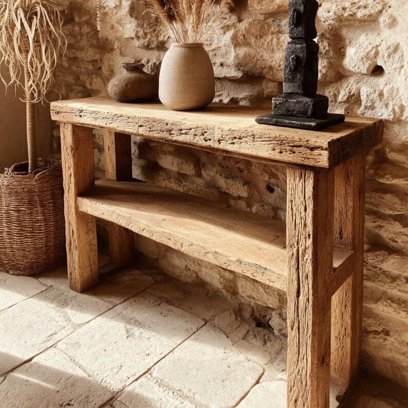 Op de afbeelding: Een rustieke houten console met een onderste plank. De tafel is gemaakt van gerecycled hout en heeft een natuurlijke, verweerde uitstraling. Vazen en een sculptuur staan op het tafelblad. De tafel staat tegen een stenen muur.