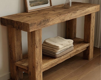 Massief eikenhouten consoletafel, rustiek handgemaakt houten halmeubilair