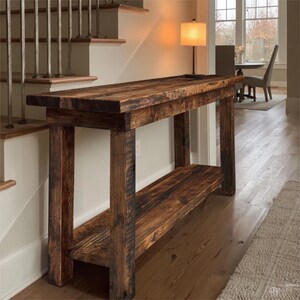 Op de afbeelding: Een rustieke, donker gebeitste houten console tafel. De tafel heeft een lange, rechthoekige bovenkant met een onderste plank en stevige, vierkante poten. De houtnerf is zichtbaar, wat bijdraagt aan de natuurlijke, handgemaakte uitstraling. De tafel is ongeveer 152 cm lang.