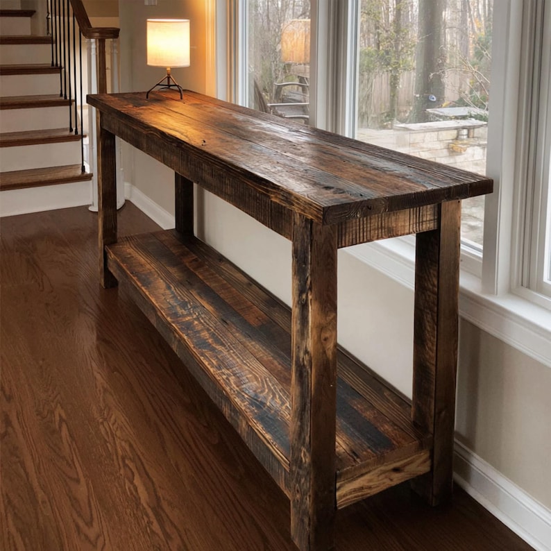 Op de afbeelding: Een rustieke, rechthoekige houten consoletafel met een onderste plank. De tafel is gemaakt van gerecycled hout en heeft een rijke, donkerbruine kleur met zichtbare houtnerf en knopen. Een kleine lamp staat op het tafeloppervlak. De tafel is ongeveer 152 cm lang.
