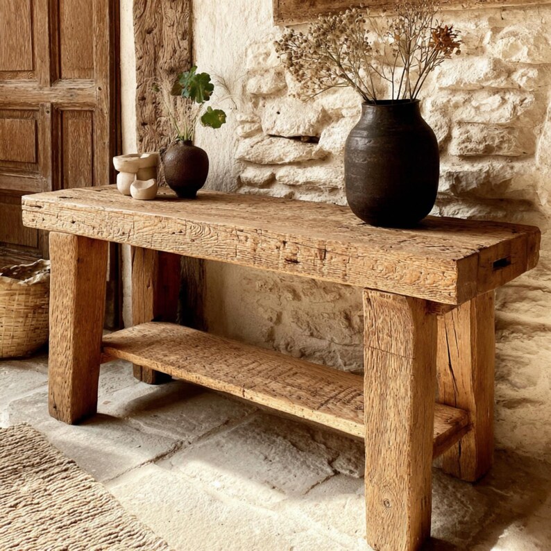 Op de afbeelding: Een rustieke houten console met een onderste plank. De tafel is gemaakt van dik, verweerd hout, met natuurlijke nerven en knopen. Een donkere vaas met gedroogde bloemen staat op de tafel. De tafel is 122 cm lang.