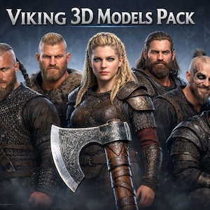 Puede incluir: Imagen promocional de seis personas vestidas de vikingos, con el texto "VIKING 3D MODELS PACK". Los vikingos llevan armadura y un hacha, sobre un fondo oscuro.