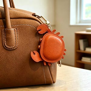 以下が含まれることがあります： 質感のある茶色のハンドバッグに、明るいオレンジ色のカニの形をしたコインケースがゴールドトーンの金属製クラスプで取り付けられています。カニのアクセサリーにはファスナー、目に見えるステッチ、構造化された甲羅のデザインが施されています。