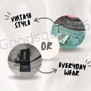 May include: Image features three t-shirts in gray, teal, and pink, with close-ups of the necklines and tags. Text includes "VINTAGE STYLE" and "EVERYDAY WEAR". The tags read "GILDAN HEAVY COTTON" and "COMFORT COLORS".
