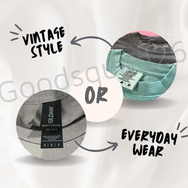 May include: Image features three t-shirts in gray, teal, and pink, with close-ups of the necklines and tags. Text includes "VINTAGE STYLE" and "EVERYDAY WEAR". The tags read "GILDAN HEAVY COTTON" and "COMFORT COLORS".