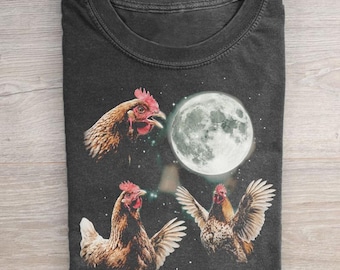 Chicken Moon Shirt, Funny Rooster Howling Meme Tee, Cosmic Farm Animal Graphic Top, Quirky Country Style Gift, Unisex Streetwear