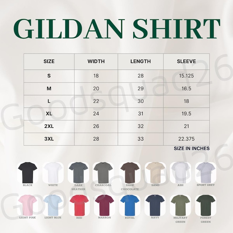 May include: Image of a Gildan shirt size chart. The chart displays sizes S to 3XL, with corresponding measurements in inches for width, length, and sleeve length. Various shirt colors are shown, including black, white, and navy.
