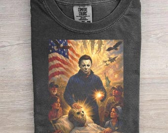 Funny Slasher Care Shirt, Retro Patriotic Horror Tee, Comfort Colors Movie Lover Gift, Whimsical American Flag Graphic Unisex Oversized