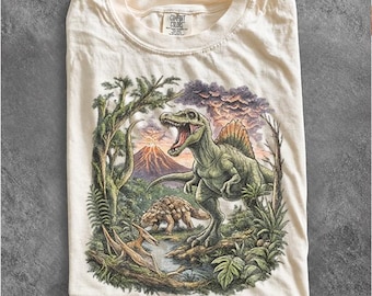 Vintage Dinosaur Shirt, Retro 90s Prehistoric Nature Tee, Volcano Landscape Gift, Aesthetic Dino Nerd Graphic Comfort Organic T-shirt
