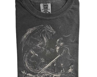 Dragon and Knight Shirt, Dark Fantasy Graphic Tee, Retro Medieval T-shirt, Knight vs Dragon Gift, Gothic Bookish Shirt, Vintage Mythical Tee
