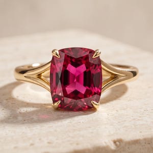 Peut inclure: Une bague en or ornée d'une grande pierre précieuse rose foncé taille coussin, fixée par quatre griffes. L'anneau présente un design à tige fendue qui s'affine vers la pierre centrale, mettant en valeur une finition métallique polie.