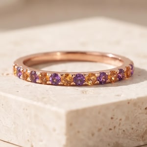 Amethist citrien volledige eeuwigheid verlovingsring, 14k roségouden sierlijke stapelring, twee stenen vrouwen trouwring, jubileum sieraden cadeau