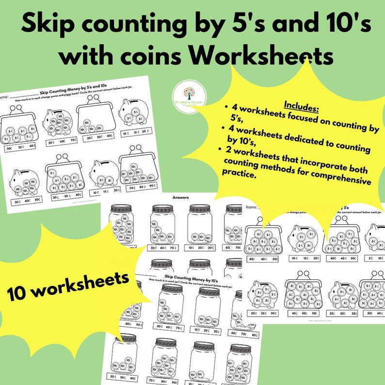 Skip Counting Coins by 5s and 10s Worksheets - Etsy