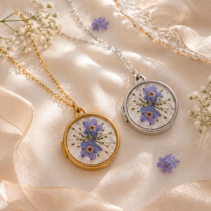 Ciondolo personalizzato con foto "Non ti scordar di me", ciondolo in resina con veri fiori secchi pressati, gioielli in madreperla, regalo per aborto spontaneo, regalo per la mia migliore amica