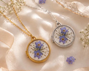 Benutzerdefinierte Vergissmeinnicht Foto Locket, Harz Echt gepresste getrocknete Blume Medaillon Anhänger, Perlmutt Schmuck, Fehlgeburt Geschenk, zu meinem BFF Geschenk