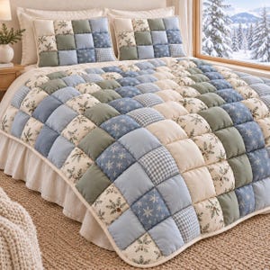 May include: A quilted bedspread and two matching pillows featuring a patchwork design of squares in shades of blue, sage green, and cream. The fabric patterns include white snowflakes, pine branches, and blue gingham checks on a soft textile.