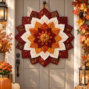 May include: A circular fabric wall hanging featuring layered, quilted petals in shades of deep burgundy, burnt orange, and cream. The center consists of a cluster of small, textured spheres. The piece is suspended by a fabric loop at the top.