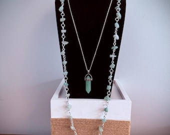 Aventurine handcrafted double necklace with aventurine pendant and sterling silver chain
