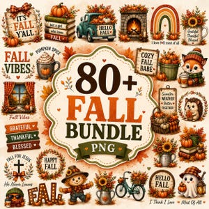 Puede incluir: Una colección digital de más de 80 gráficos PNG con temática otoñal que incluye calabazas, hojas de otoño, girasoles, chimeneas, un camión azul verdoso, un zorro, un erizo, un fantasma, un espantapájaros y varios letreros con texto.