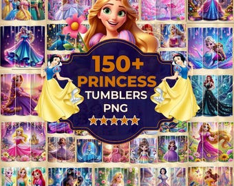 150+ Bundle Tumbler Wrap, Cartoon Prinzessin Blumenbecher, Princess Tumbler Wrap png, Cartoon niedliches Png, 20 Unze Skinny Princess Tumbler Bundle