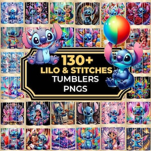 K&ouml;nnte beinhalten: Eine Sammlung von Becherdesigns mit den Charakteren Lilo und Stitch. Das Bild zeigt verschiedene farbenfrohe Designs mit Stitch in verschiedenen Posen, einige halten einen Ballon. Der Text auf schwarzem Hintergrund lautet "130+ LILO & STITCH TUMBLERS PNGS."