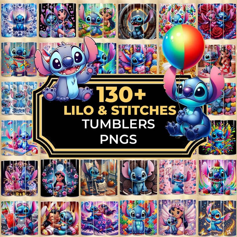 K&ouml;nnte beinhalten: Eine Sammlung von Becherdesigns mit den Charakteren Lilo und Stitch. Das Bild zeigt verschiedene farbenfrohe Designs mit Stitch in verschiedenen Posen, einige halten einen Ballon. Der Text auf schwarzem Hintergrund lautet "130+ LILO & STITCH TUMBLERS PNGS."