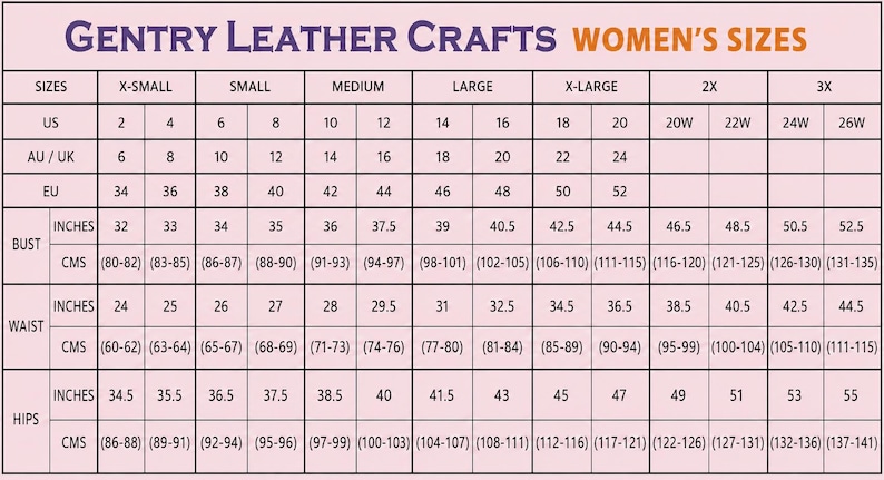 Pu&ograve; includere: Una tabella delle taglie Gentry Leather Crafts per abbigliamento, con una griglia che include colonne dalla X-Small alla 3X. Elenca le equivalenze delle taglie US, AU/UK ed EU, insieme alle misure di busto, vita e fianchi in pollici e centimetri.