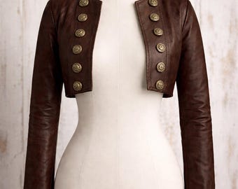 Chocolate Brown Genuine Leather Cropped Bolero Jacket – Military Style, Tailored Fit