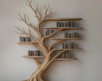 Handgemaakte massief houten boomboekenkast • Rustieke boomboekenplank • Aangepast formaat houten displayplank • Op de natuur geïnspireerd woondecor
