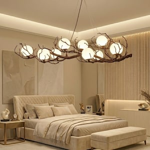 Nordic Tree Branch Globe Chandelier Lighting, Luxury Pendant Ceiling Light Fixture, Boho Industrial Home Decor, Minimalist LED Housewarming