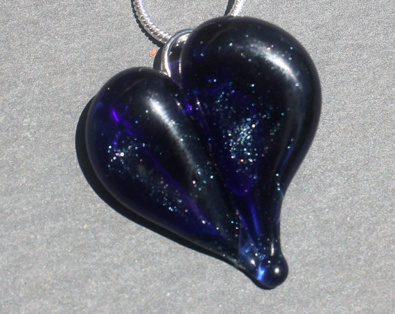 Sparkling Blue Glass Heart Necklace, Lampwork Handblown Jewelry,  Boro Pendant SRA Focal Bead, Gifts for Her