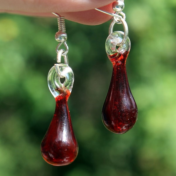 Blood Drop Earrings, Anti Valentine Glass Jewelry Dangle Earrings, Vampire Lampwork Hand Blown