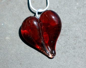 Red Heart Necklace Glass, Blown Boro Pendant, Lampwork Focal Bead