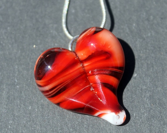 Red Heart Necklace Glass, Blown Boro Pendant, Lampwork Focal Bead Twists of Red Heart