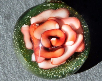 Glass Flower Pendant, Implosion Lampwork Pendant, Hand Blown Rose Boro Jewelry,