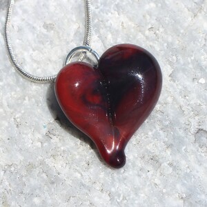 Glass Heart Necklace, Blown Boro Pendant, Lampwork Focal Bead Small swishes of Red