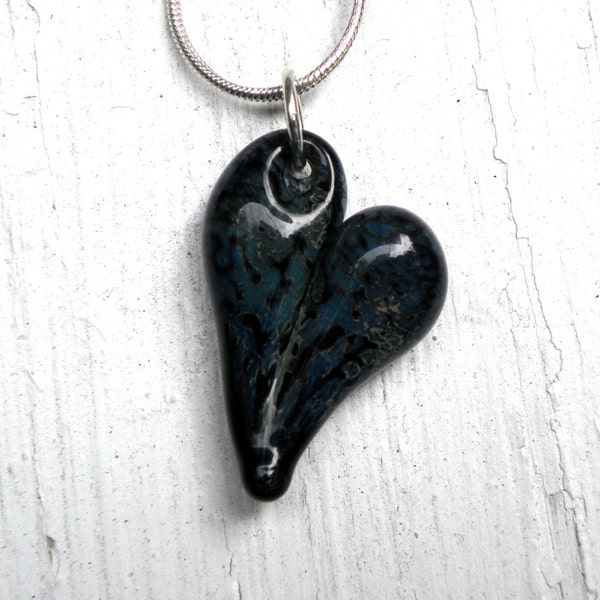 Glass Heart Pendant, HandBlown Lampwork Necklace, Blown Boro Off Mandrel Black and Blue